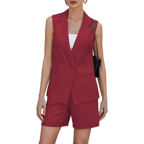 Casly Lamiit Women Burgundy Sleeveless Short Pant / Jacket 2 PCS Set Size M - Picture 1 of 14